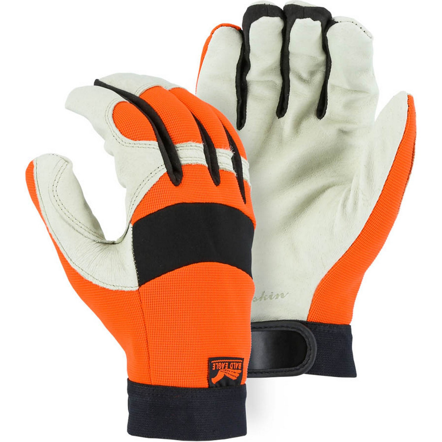 Majestic Glove 2152HV Mechanics Glove with Pigskin Palm and High Vis Back