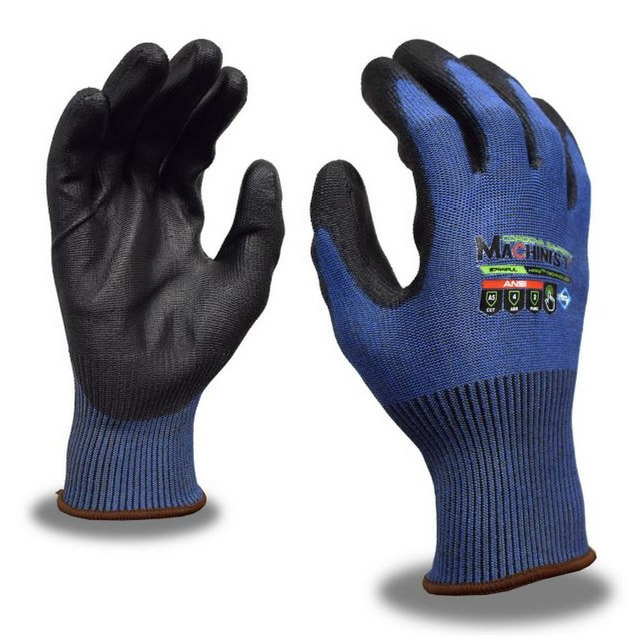 Cordova 3744PU Machinist HPPG: 15-Gauge, Blue HPPG Fiber Shell, Black Polyurethane Palm Coating, Touchscreen Fingertips, Sanitized Treatment