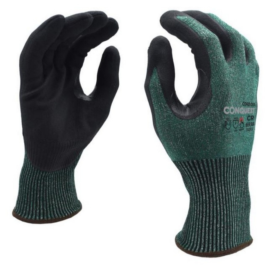 Cordova 6938 Conquest CR, Green, 18-Gauge, HPPG Shell, Black Microfoam Nitrile Coating, Reinforced Thumb Crotch, Touchscreen Fingertips, ANSI Cut Level A4