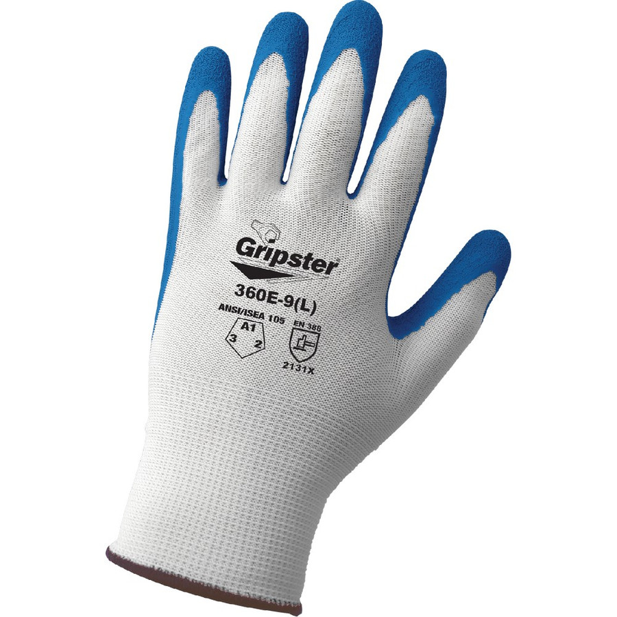 Global Glove 360E-S Gripster General Purpose Cut, Abrasion, and Puncture Resistant Gloves, 13-Gauge White Polyester with a Blue Etched Rubber Coating