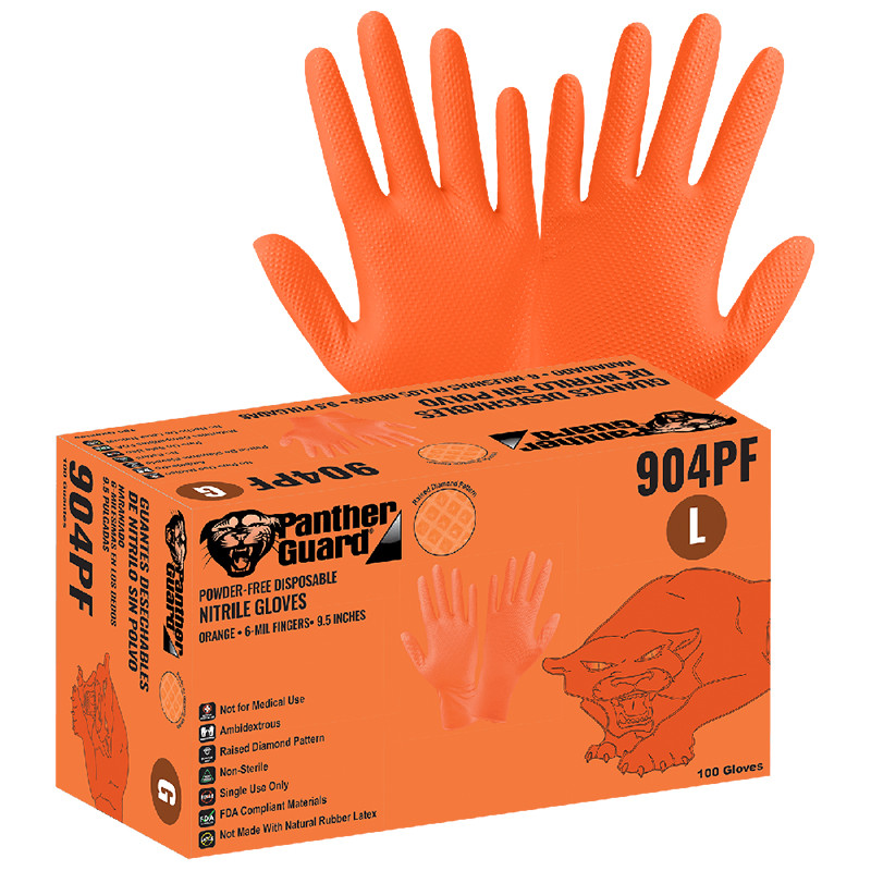 Global Glove 904PF Panther-Guard High-Visibility Orange Nitrile, Powder-Free, Industrial-Grade, Raised Diamond Pattern, 6-Mil, 9.5-Inch Disposable Gloves