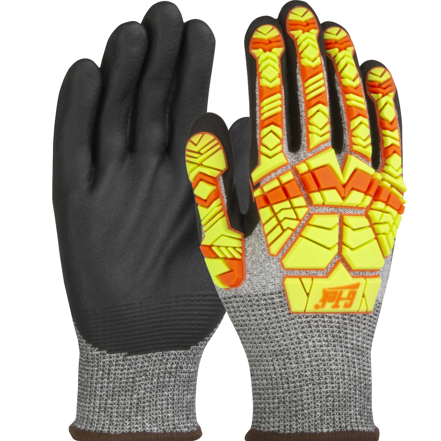 PIP 16-MP230HV G-Tek PolyKor Seamless Knit PolyKor Blended Glove with Hi-Vis Impact Protection and Nitrile Foam Coated Palm & Fingers