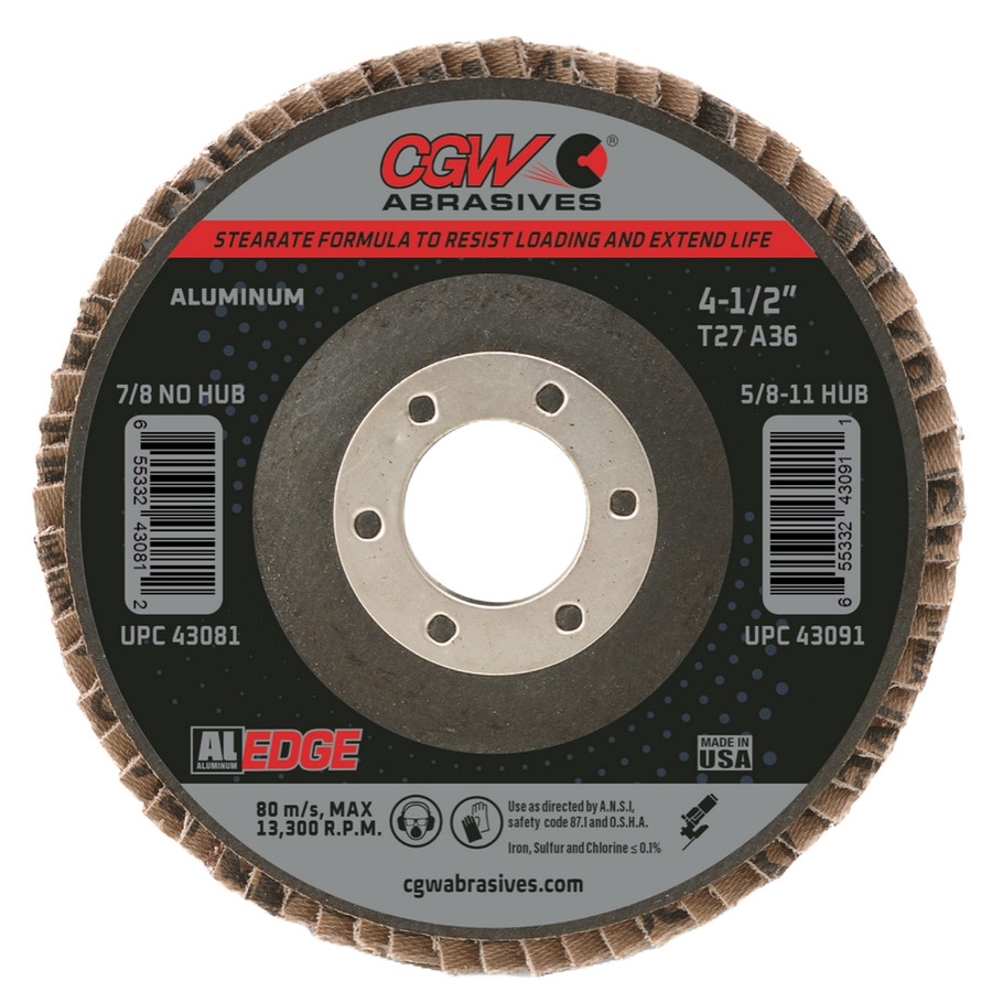 CGW 43251 7" X 5/8"-11 Type 27 36-Grit Calcium Stearate Coated Flap Disc For Aluminum