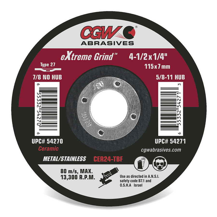 CGW 54261 4-1/2" X 1/4" X 5/8"-11 Type 27, 24-Grit Ceramic Grinding Wheel