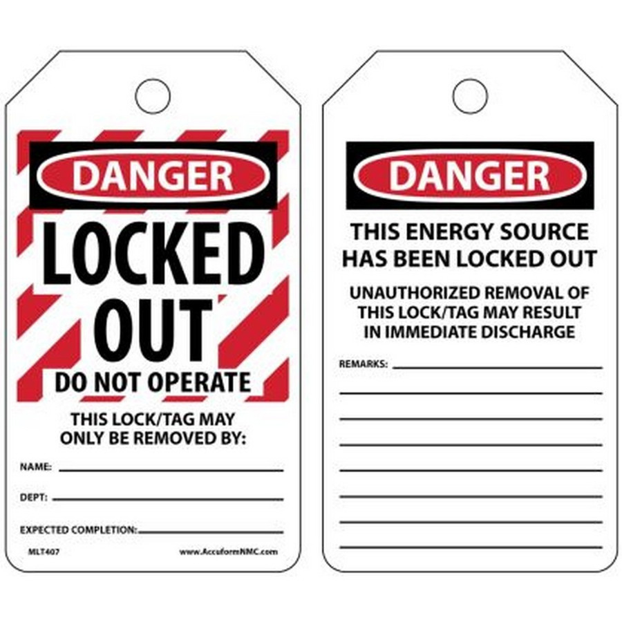 Accuform NMC MLT407PTP OSHA Danger Safety Tags: Locked Out - Do Not Operate Plastic 25/Pack