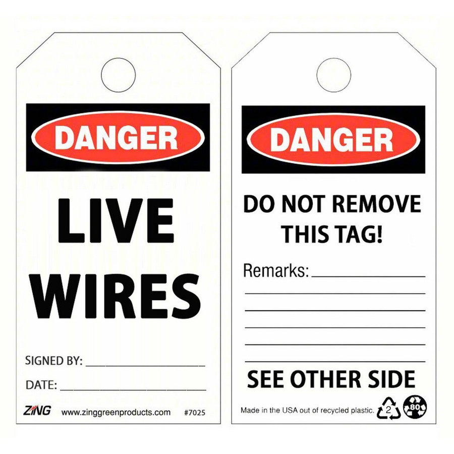 Zing Green 7026 Danger Live Wires Safety Tags, 10/pk