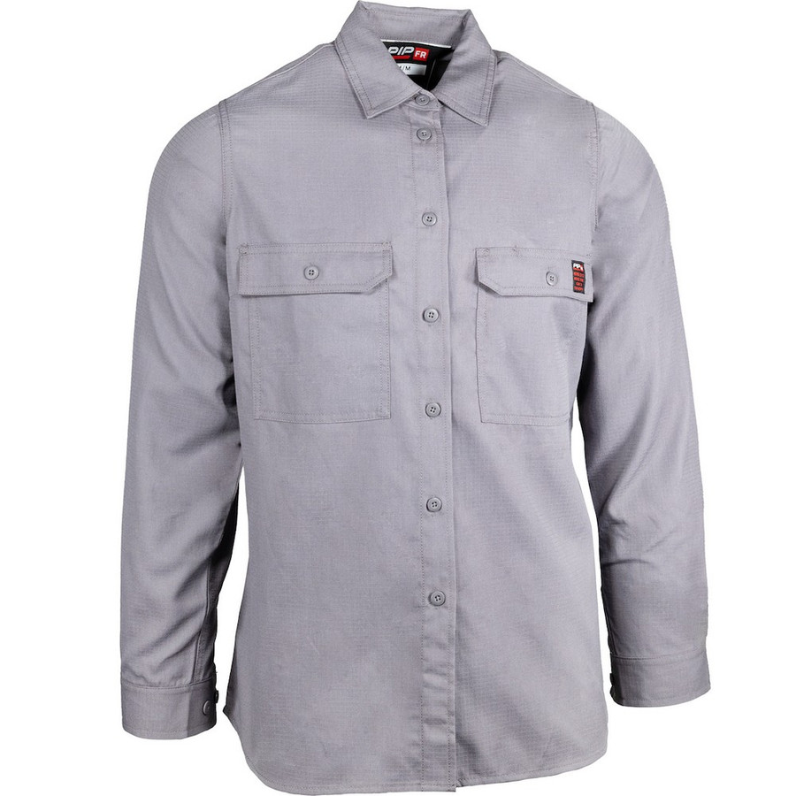 PIP 385-FRRSW-GR/S AR/FR Dual Certified Women's Ripstop Long Sleeve Workshirt- 9 cal/cm2