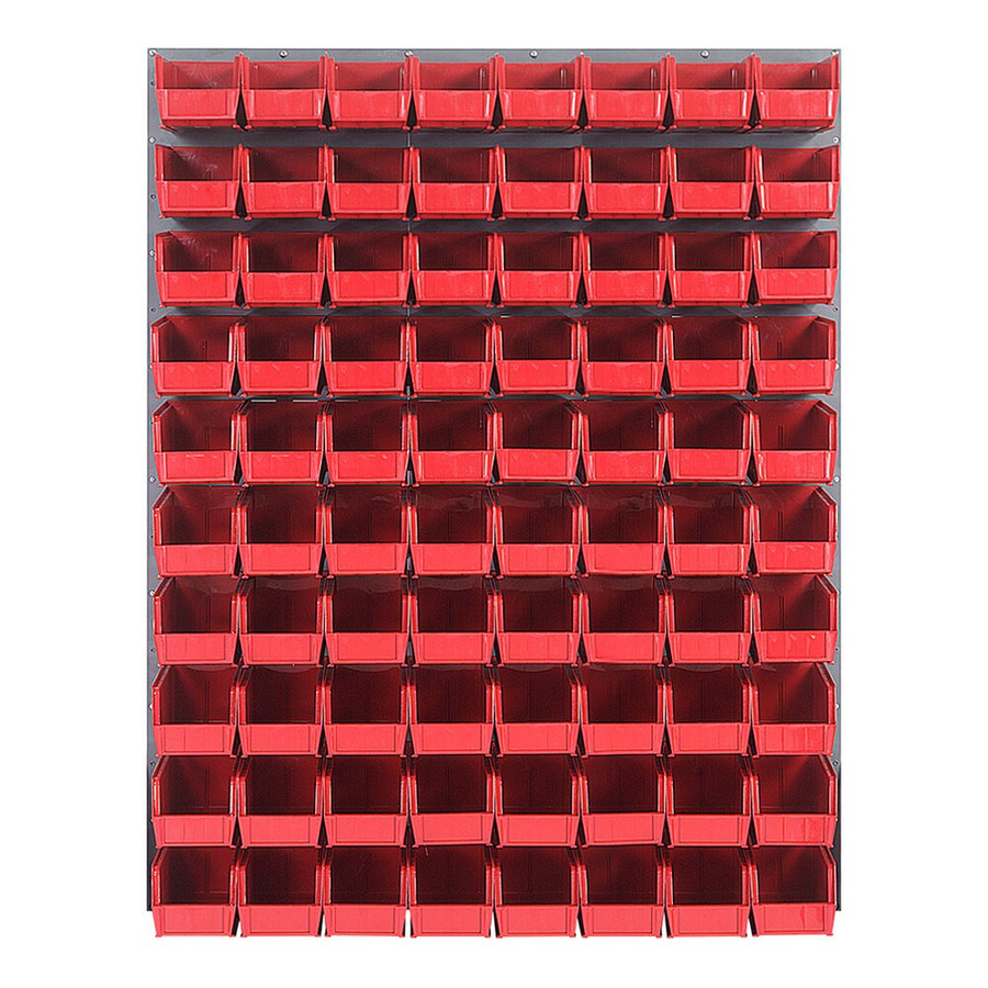 Quantum Storage Systems QLP-4861-230-80RD 48" x 61" Gray Steel Louvered Panel with (80) 10 7/8" x 5 1/2" x 5" Red Bins