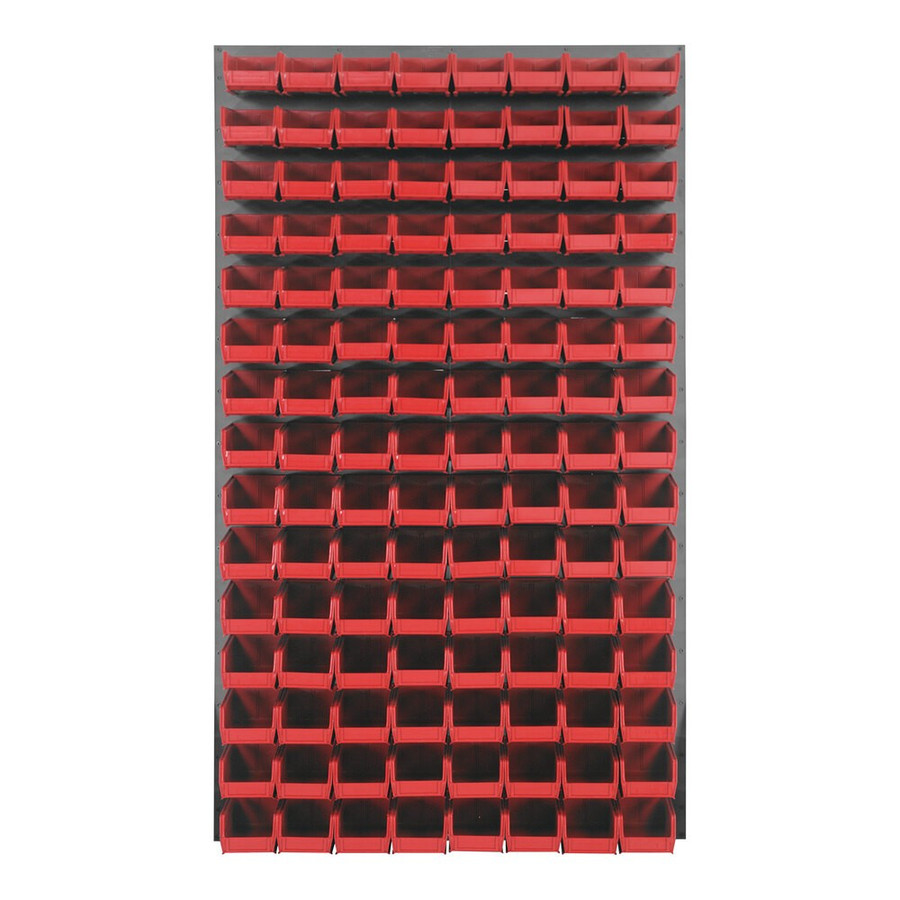 Quantum Storage Systems QLP-3661-220-120RD 36" x 61" Gray Steel Louvered Panel with (120) 7 3/8" x 4 1/8" x 3" Red Bins