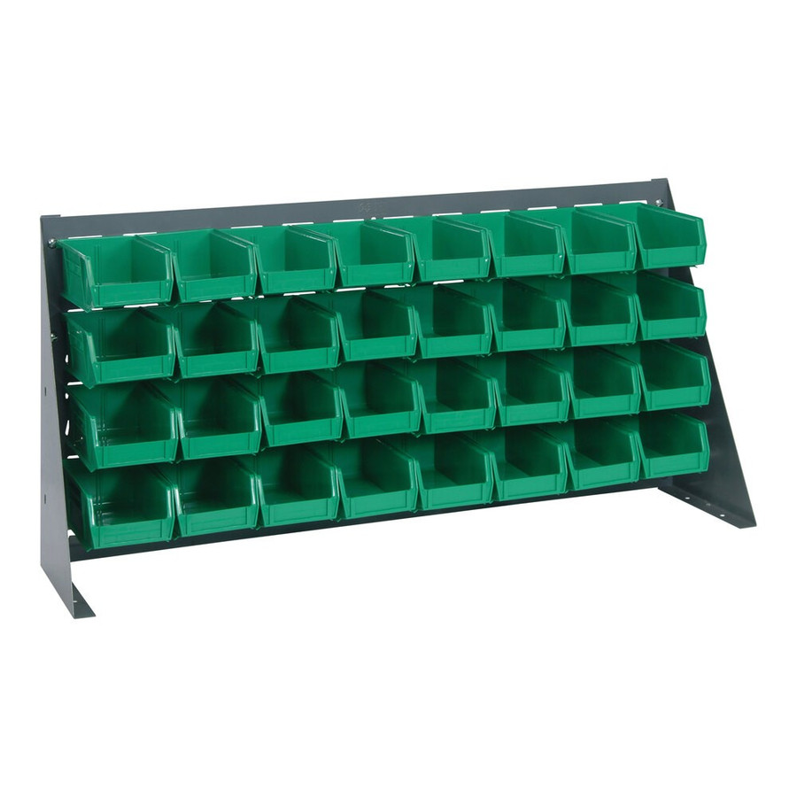 Quantum Storage Systems QBR-3619-220-32GN 36" x 8" x 19" Gray Steel Bench Rack with (32) 7 3/8" x 4 1/8" x 3" Green Bins