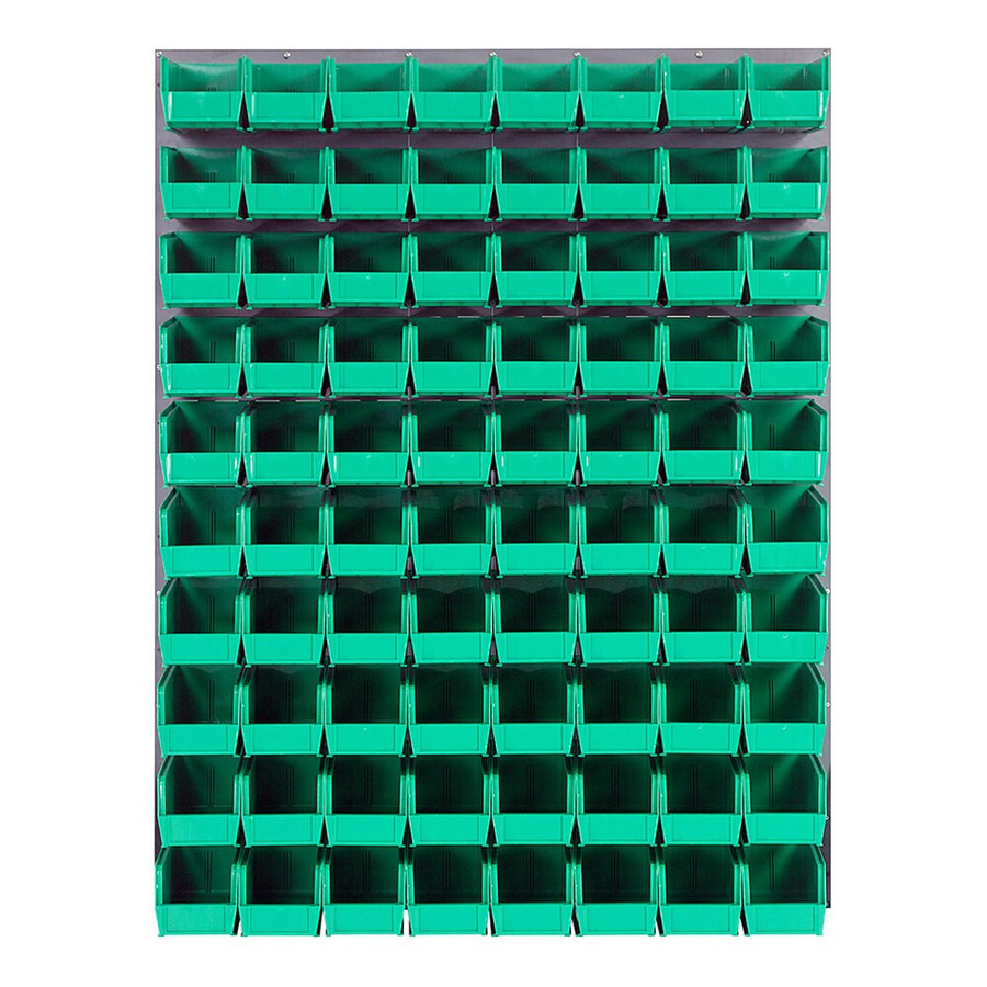 Quantum Storage Systems QLP-4861-230-80GN 48" x 61" Gray Steel Louvered Panel with (80) 10 7/8" x 5 1/2" x 5" Green Bins