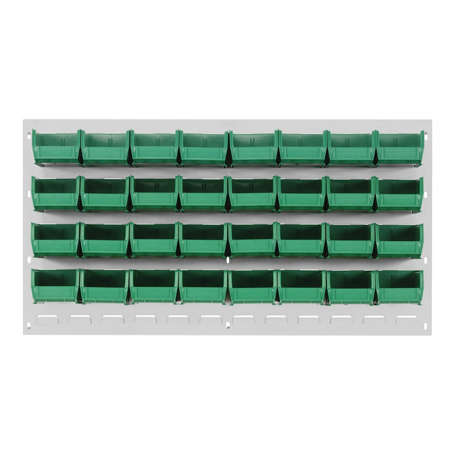 Quantum Storage Systems QLP-3619HC-210-32GN 36" x 19" Oyster White Steel Louvered Panel with (32) 5 3/8" x 4 1/8" x 3" Green Bins