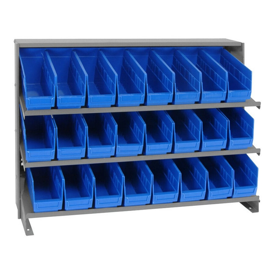 Quantum Storage Systems QPRHA-201BL Economy 12 1/2" x 36" x 26 1/2" 3-Shelf Bench-Style Pick Rack with (24) 11 5/8" x 4 1/8" x 6" Blue Bins