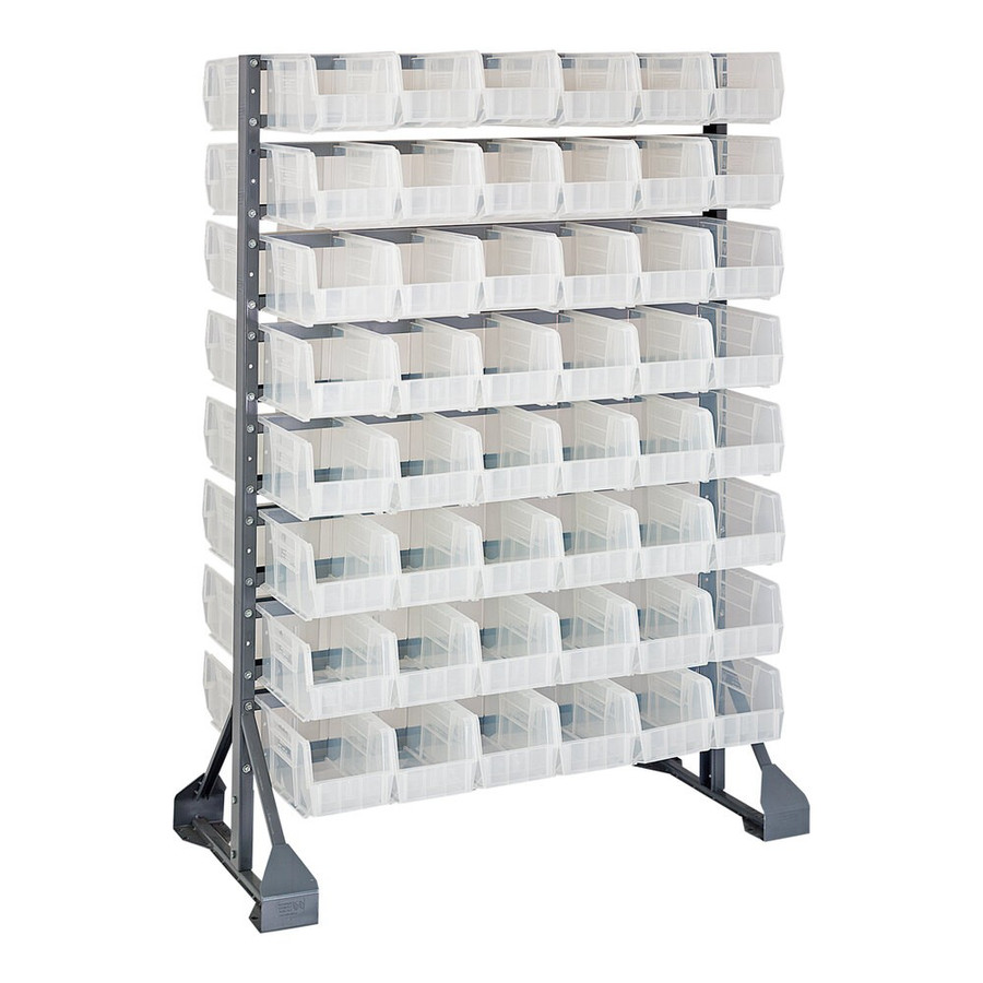 Quantum Storage Systems QRU-16D-230-96CL 36" x 20" x 53" Gray Steel Double-Sided Rail Rack with (96) 10 7/8" x 5 1/2" x 5" Clear Bins and (16) Rails
