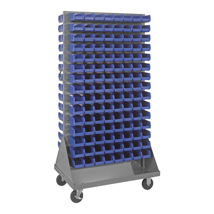 Quantum Storage Systems QMD-36H-220BL 36" x 25" x 72" Gray Steel Mobile Double-Sided Louvered Rack with (240) 7 3/8" x 4 1/8" x 3" Blue Bins