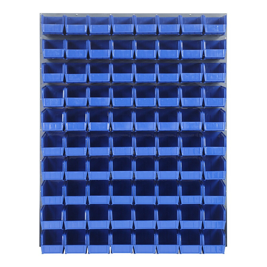 Quantum Storage Systems QLP-4861-230-80BL 48" x 61" Gray Steel Louvered Panel with (80) 10 7/8" x 5 1/2" x 5" Blue Bins