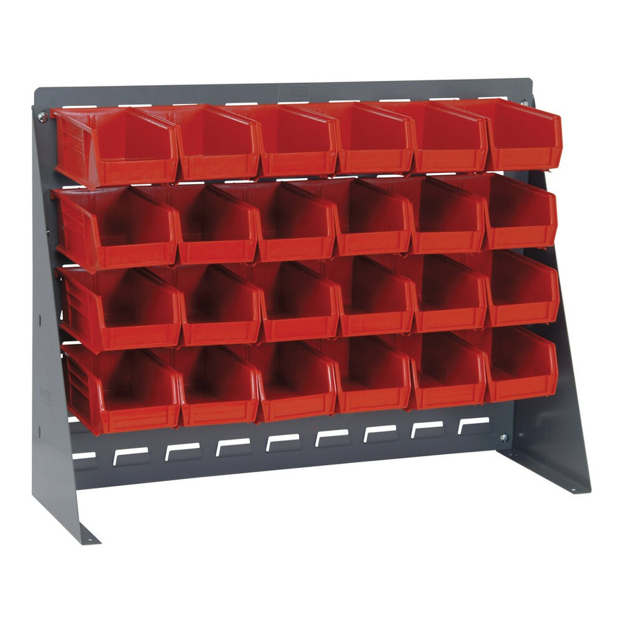 Quantum Storage Systems QBR-2721-210-24RD 27 3/4" x 8" x 21" Gray Steel Bench Rack with (24) 5 3/8" x 4 1/8" x 3" Red Bins