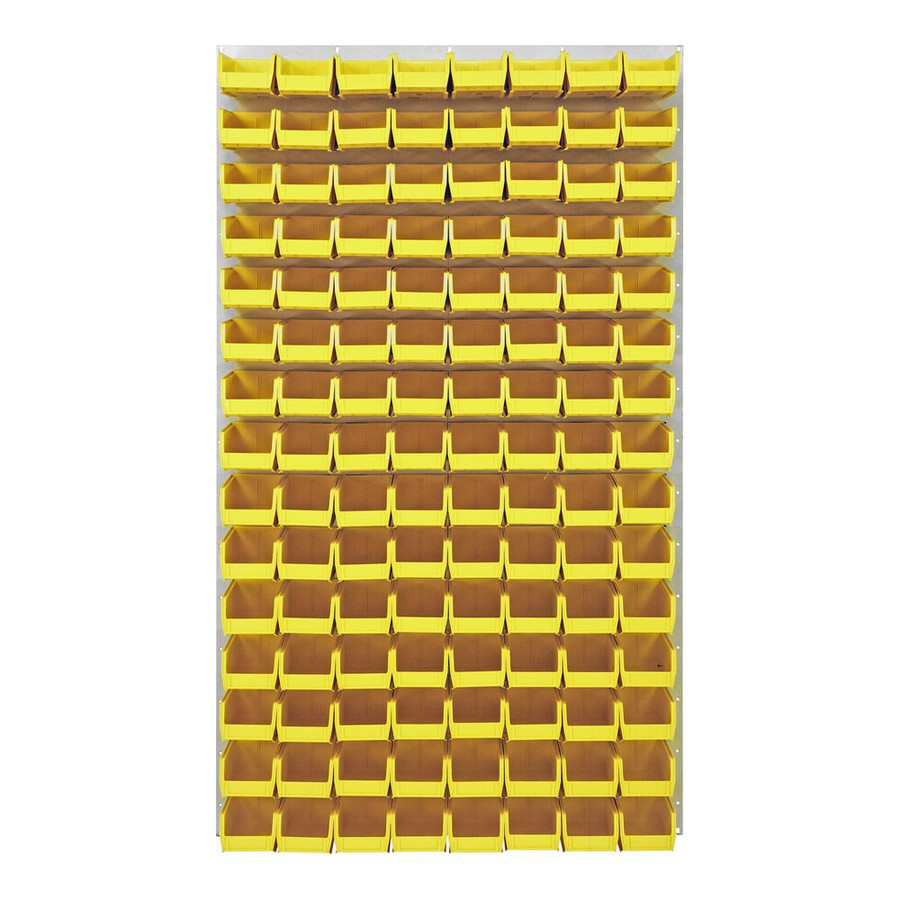 Quantum Storage Systems QLP-3661HC-220-120YL 36" x 61" Oyster White Steel Louvered Panel with (120) 7 3/8" x 4 1/8" x 3" Yellow Bins