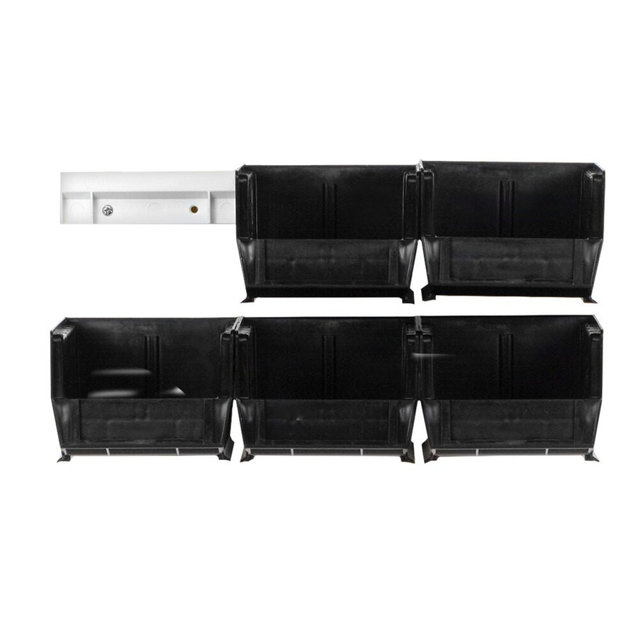 Quantum Storage Systems HNS220BK Hang-N-Stack 12" White Plastic Wall-Mount Storage Rails with (6) 7 3/8" x 4 1/8" x 3" Black Bins