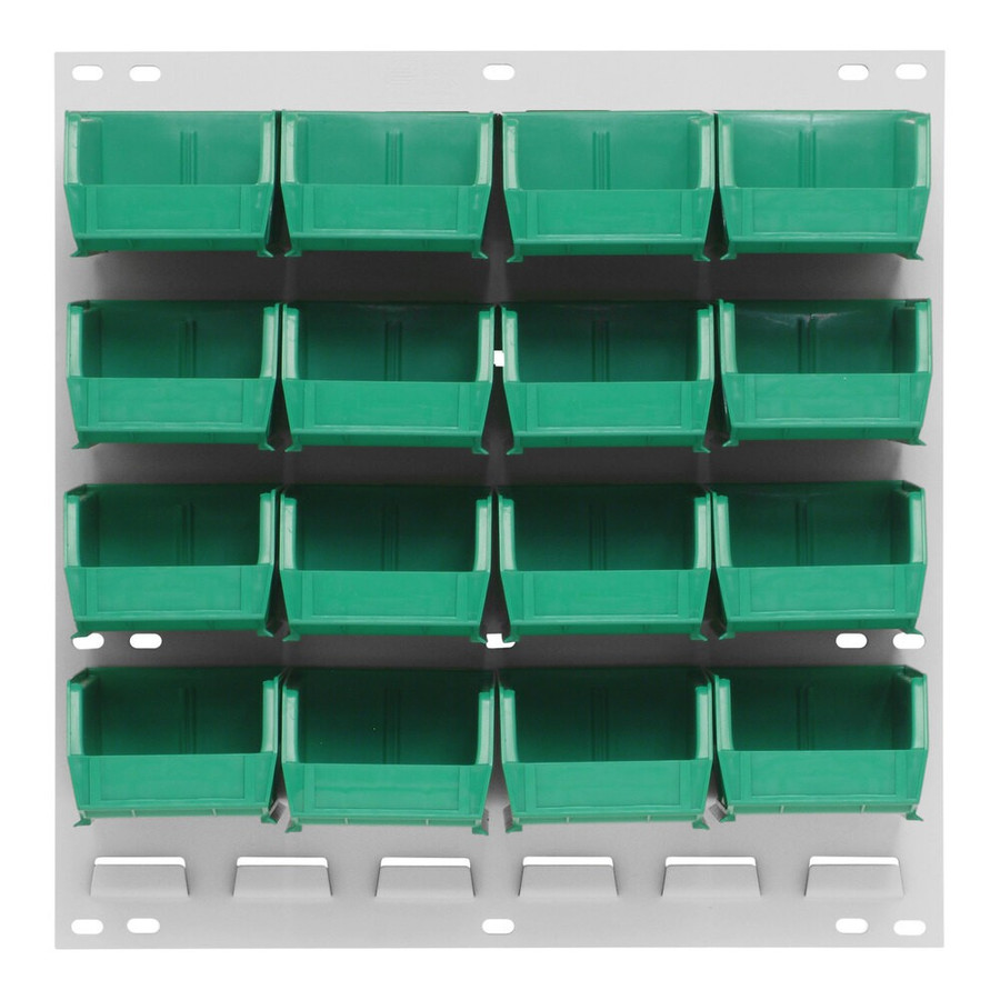 Quantum Storage Systems QLP-1819HC-210-16GN 18" x 19" Oyster White Steel Louvered Panel with (16) 5 3/8" x 4 1/8" x 3" Green Bins