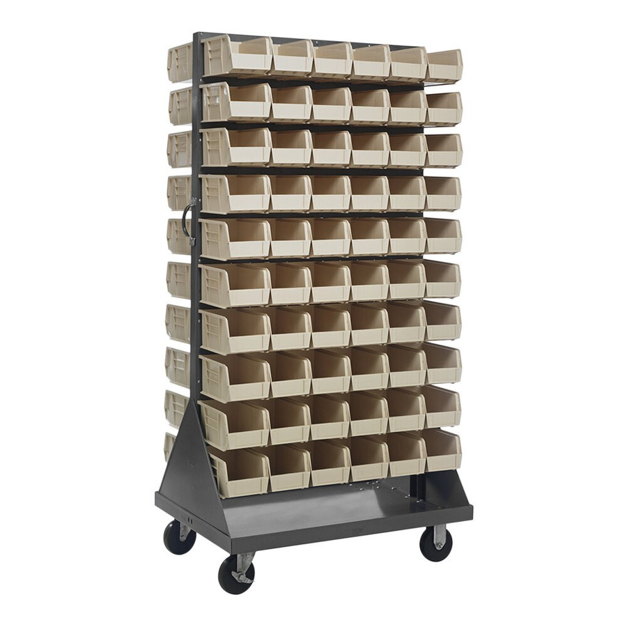 Quantum Storage Systems QMD-36H-230IV 36" x 25" x 72" Gray Steel Mobile Double-Sided Louvered Rack with (120) 10 7/8" x 5 1/2" x 5" Ivory Bins