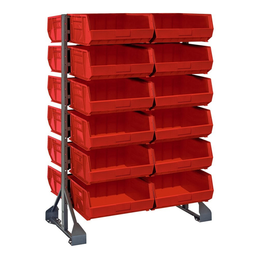 Quantum Storage Systems QRU-12D-250-24RD 36" x 20" x 53" Gray Steel Double-Sided Rail Rack with (24) 14 3/4" x 16 1/2" x 7" Red Bins and (12) Rails