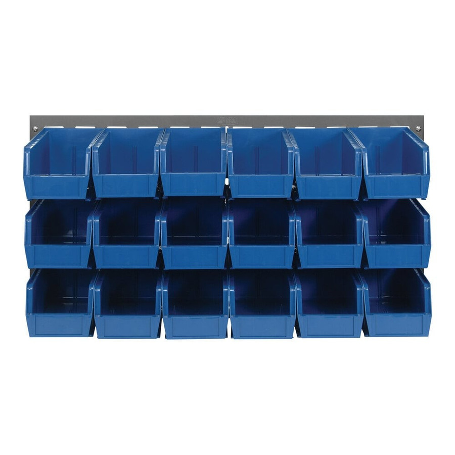 Quantum Storage Systems QLP-3619-230-18BL 36" x 19" Gray Steel Louvered Panel with (18) 10 7/8" x 5 1/2" x 5" Blue Bins