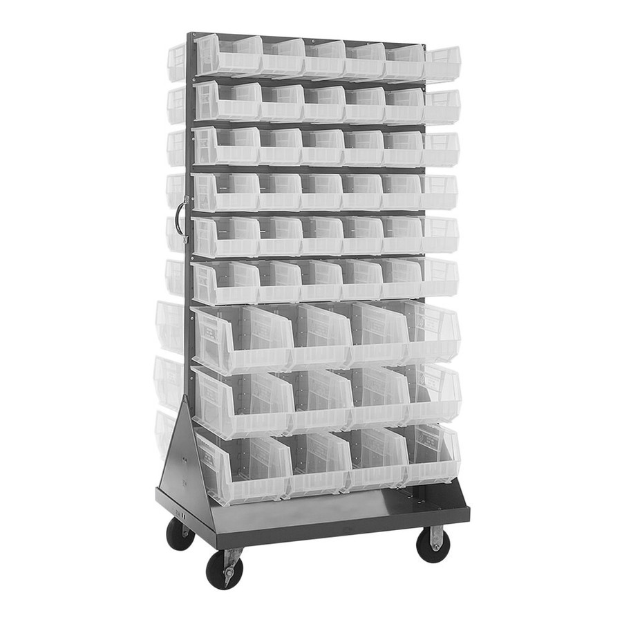 Quantum Storage Systems QMD-36H-230240CL 36" x 25" x 72" Gray Steel Mobile Double-Sided Louvered Rack with (72) 10 7/8" x 5 1/2" x 5" and (24) 14 3/4" x 8 1/4" x 7" Clear Bins