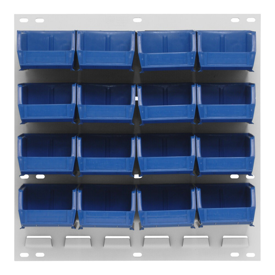 Quantum Storage Systems QLP-1819HC-210-16BL 18" x 19" Oyster White Steel Louvered Panel with (16) 5 3/8" x 4 1/8" x 3" Blue Bins