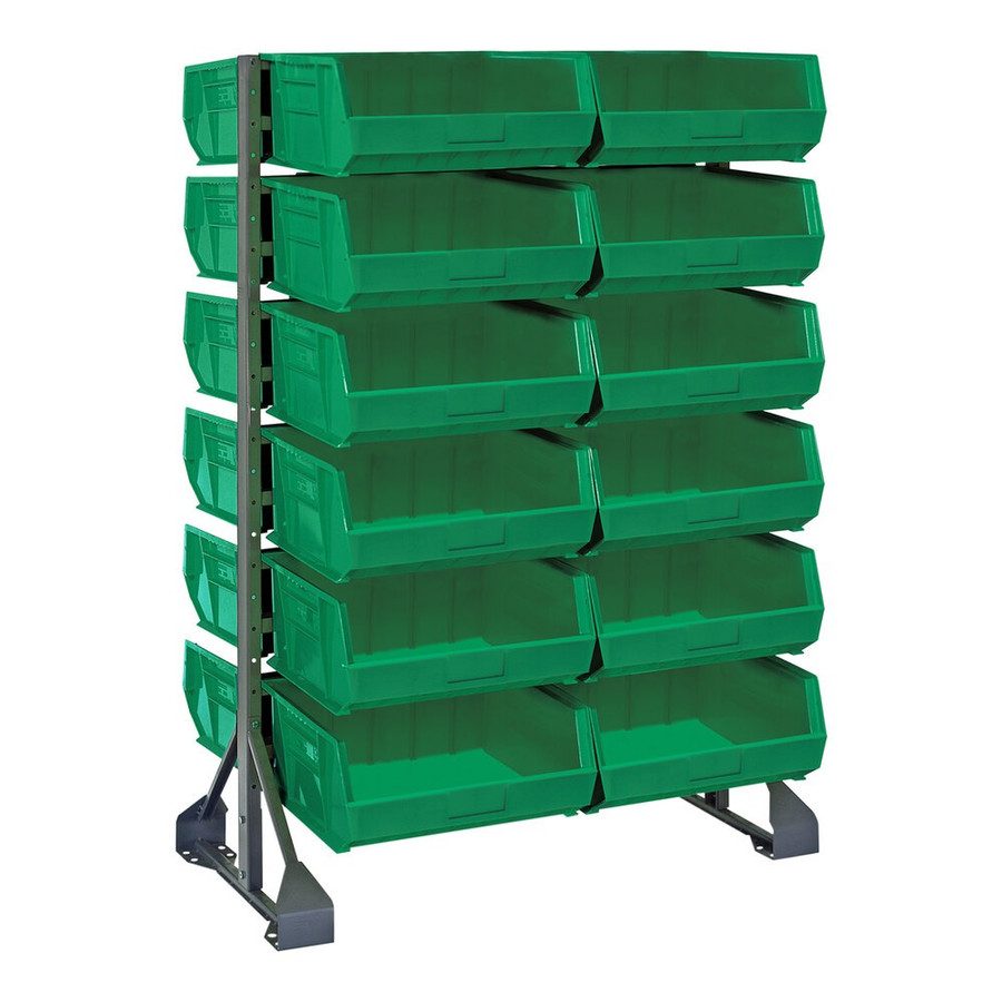 Quantum Storage Systems QRU-12D-250-24GN 36" x 20" x 53" Gray Steel Double-Sided Rail Rack with (24) 14 3/4" x 16 1/2" x 7" Green Bins and (12) Rails