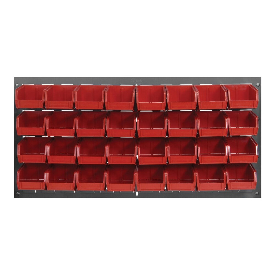 Quantum Storage Systems QLP-3619-210-32RD 36" x 19" Gray Steel Louvered Panel with (32) 5 3/8" x 4 1/8" x 3" Red Bins