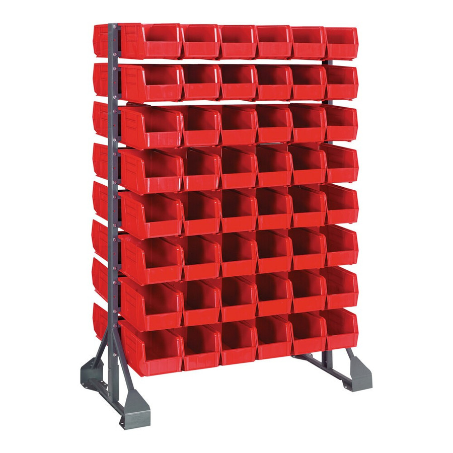 Quantum Storage Systems QRU-16D-230-96RD 36" x 20" x 53" Gray Steel Double-Sided Rail Rack with (96) 10 7/8" x 5 1/2" x 5" Red Bins and (16) Rails