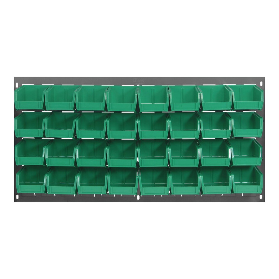 Quantum Storage Systems QLP-3619-210-32GN 36" x 19" Gray Steel Louvered Panel with (32) 5 3/8" x 4 1/8" x 3" Green Bins
