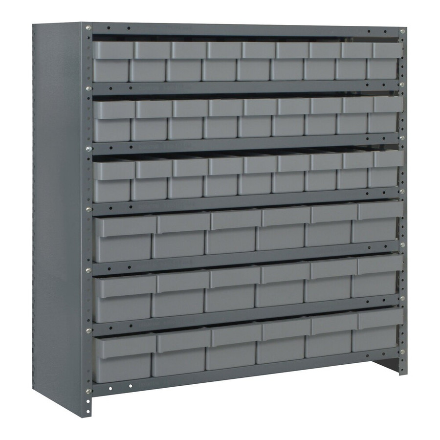 Quantum Storage Systems CL1839-624GY Super Tuff 36" x 18" x 39" Steel Closed 7-Shelf Euro Drawer Shelving System with (27) 17 5/8" x 3 3/4" x 4 5/8" and (18) 17 7/8" x 5 9/16" x 4 5/8" Gray Bins