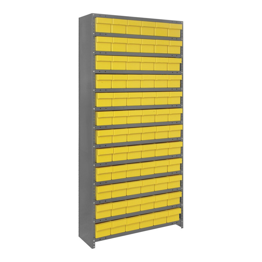 Quantum Storage Systems CL1875-602YL Super Tuff 36" x 18" x 75" Steel Closed 13-Shelf Euro Drawer Shelving System with (72) 17 7/8" x 5 9/16" x 4 5/8" Yellow Bins