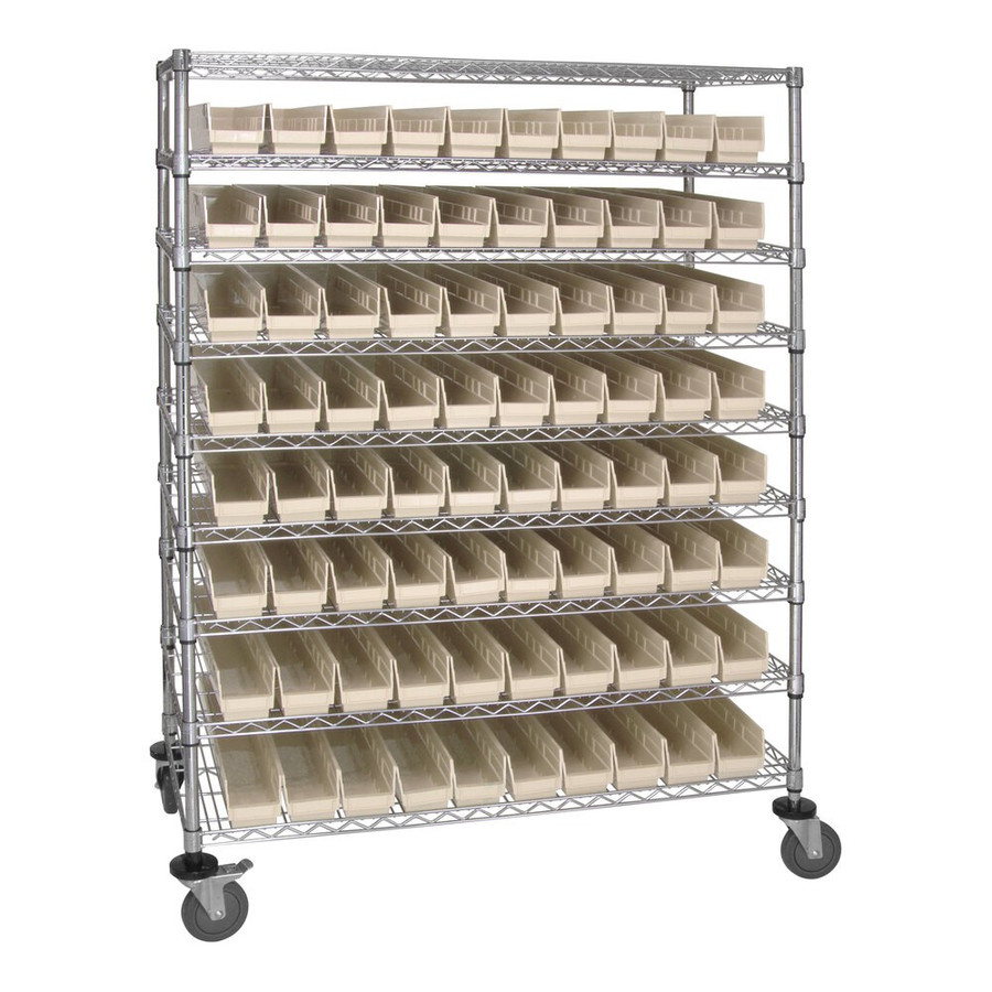 Quantum Storage Systems WRC9-63-2448-105IV 48" x 24" x 69" Carbon Steel Mobile Medical Cart with 9 Wire Shelves and (80) 23 5/8" x 4 1/8" x 4" Ivory Bins