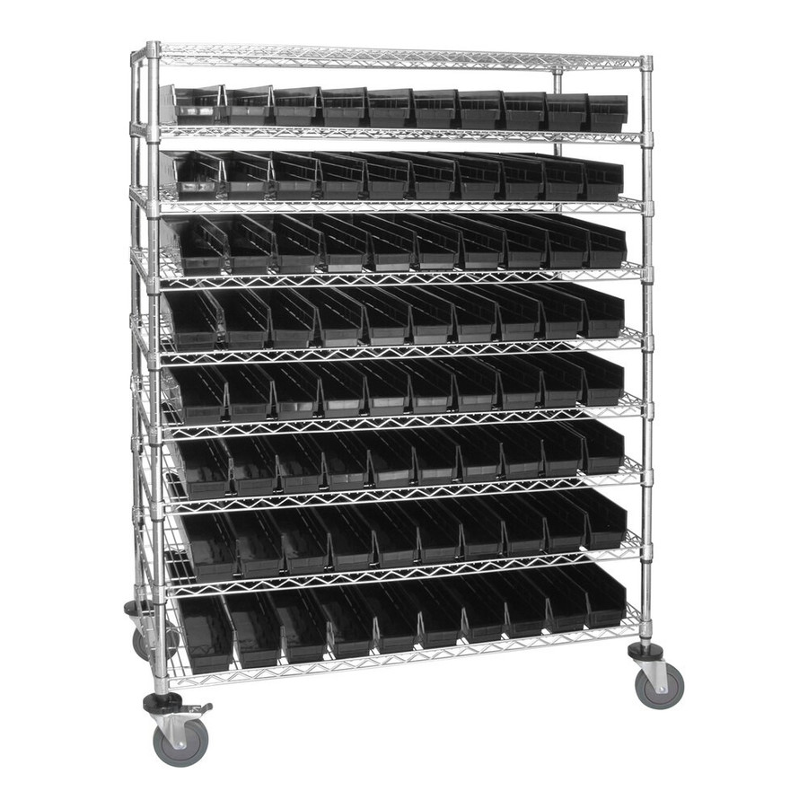 Quantum Storage Systems WRC9-63-2448-105BK 48" x 24" x 69" Carbon Steel Mobile Medical Cart with 9 Wire Shelves and (80) 23 5/8" x 4 1/8" x 4" Black Bins