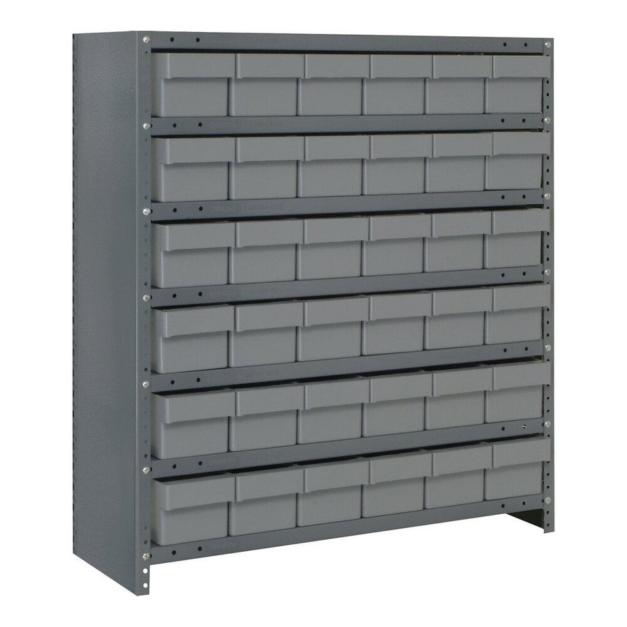 Quantum Storage Systems CL1839-602GY Super Tuff 36" x 18" x 39" Steel Closed 7-Shelf Euro Drawer Shelving System with (36) 17 7/8" x 5 9/16" x 4 5/8" Gray Bins