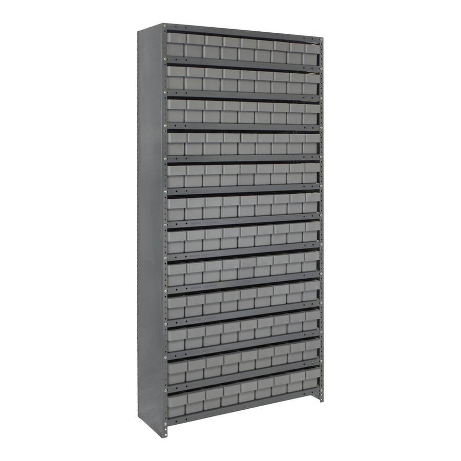 Quantum Storage Systems CL1275-501GY Super Tuff 36" x 12" x 75" Steel Closed 13-Shelf Euro Drawer Shelving System with (108) 11 5/8" x 3 3/4" x 4 5/8" Gray Bins