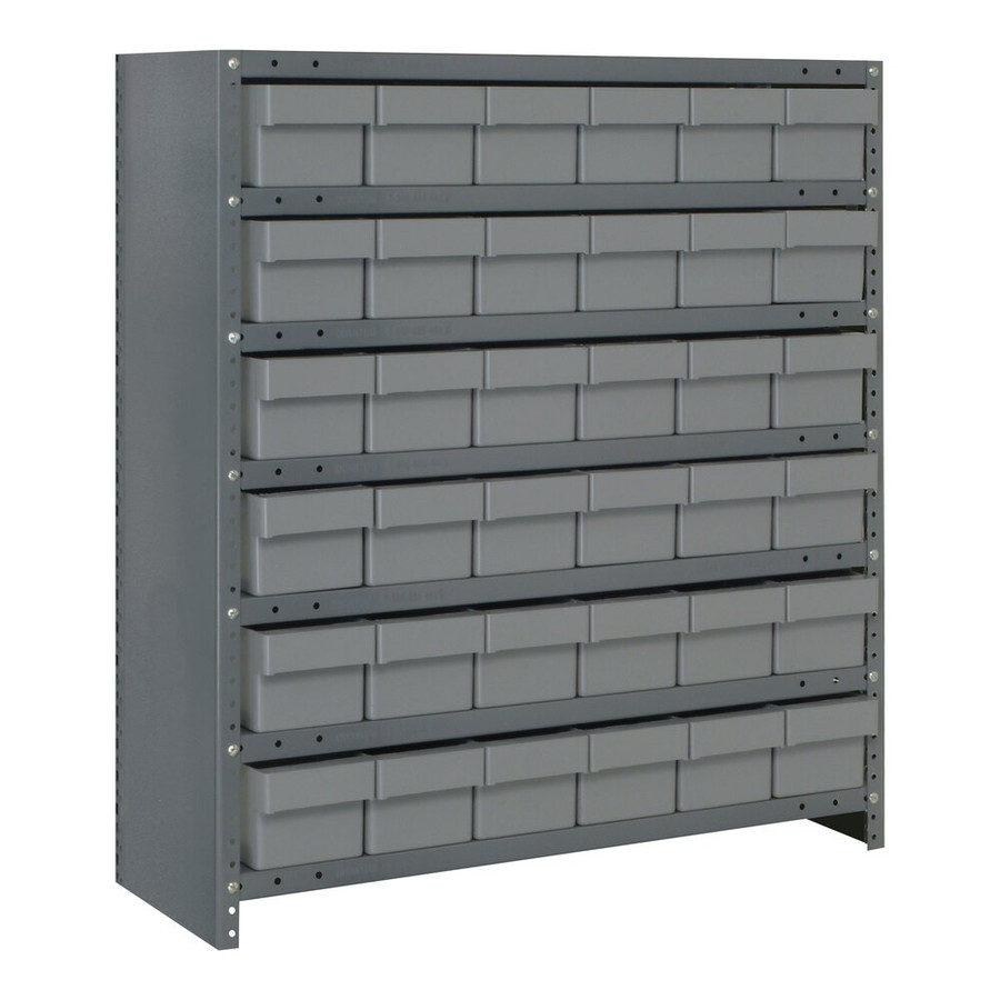Quantum Storage Systems CL2439-603GY Super Tuff 36" x 24" x 39" Steel Closed 7-Shelf Euro Drawer Shelving System with (36) 23 7/8" x 5 9/16" x 4 5/8" Gray Bins