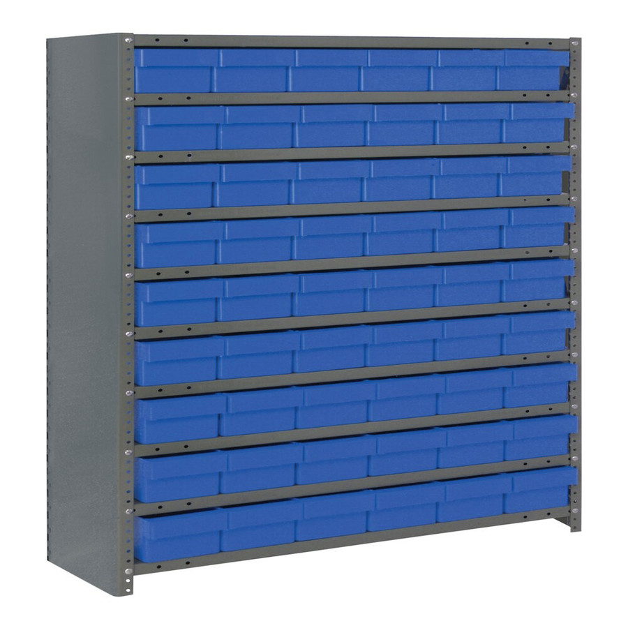 Quantum Storage Systems CL1239-401BL Super Tuff 36" x 12" x 39" Steel Closed 10-Shelf Euro Drawer Shelving System with (54) 11 5/8" x 5 9/16" x 2 1/8" Blue Bins
