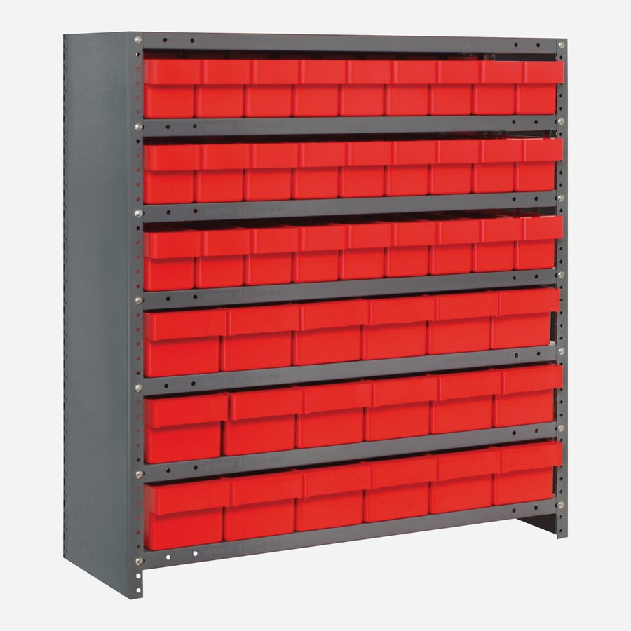Quantum Storage Systems CL1839-624RD Super Tuff 36" x 18" x 39" Steel Closed 7-Shelf Euro Drawer Shelving System with (27) 17 5/8" x 3 3/4" x 4 5/8" and (18) 17 7/8" x 5 9/16" x 4 5/8" Red Bins