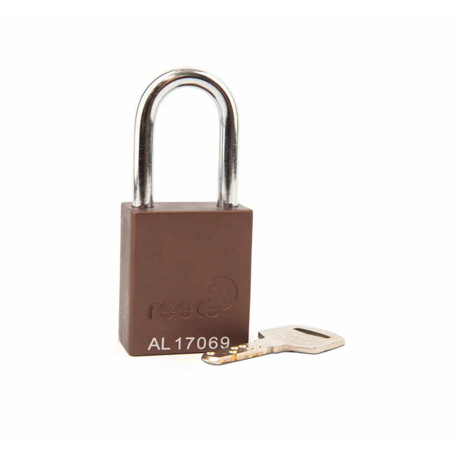 Reece Safety AL38BRN Aluminium bodied safety padlock with steel shackle-brown-Keyed to Differ