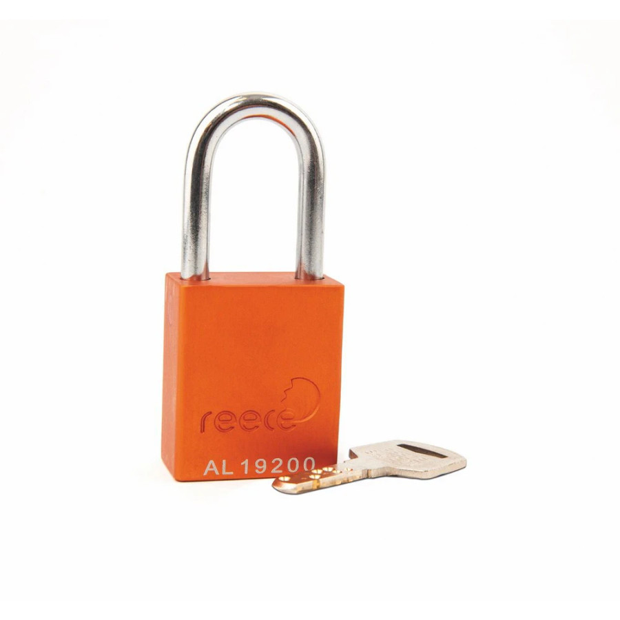 Reece Safety AL38ORJ Aluminium bodied safety padlock with steel shackle-orange-Keyed to Differ