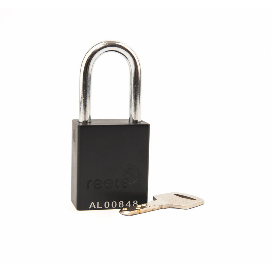 Reece Safety AL38BLK Aluminium bodied safety padlock with steel shackle-black-Keyed to Differ