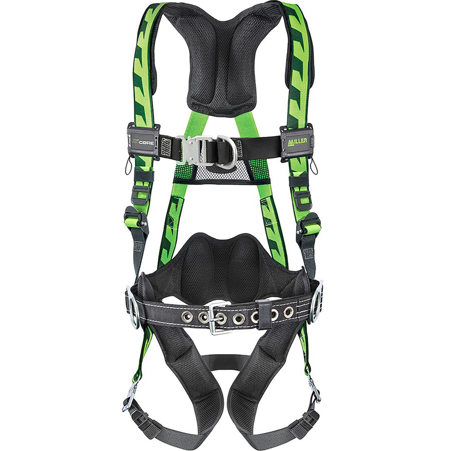 Miller ACF-QCBDP Premium Breathable Full-Body Harness with Steel Hardware, 5 Points of Adjustment, Back/Front/Side D-Rings, Lumbar Pad and Quick-Connect Chest & Leg Buckles, Green