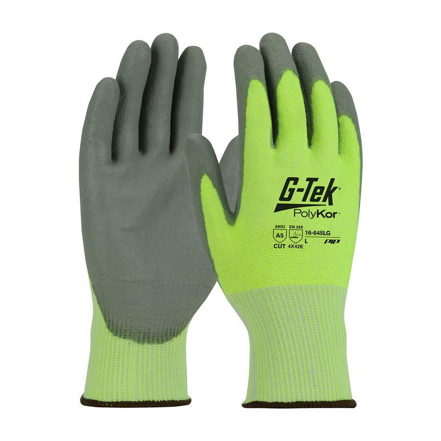 PIP 16-645LG G-TEK Polykor Seamless Knit Polykor Blended Glove With Polyurethane Coated Smooth Grip On Palm & Fingers, Cut Resistant Glove, A5