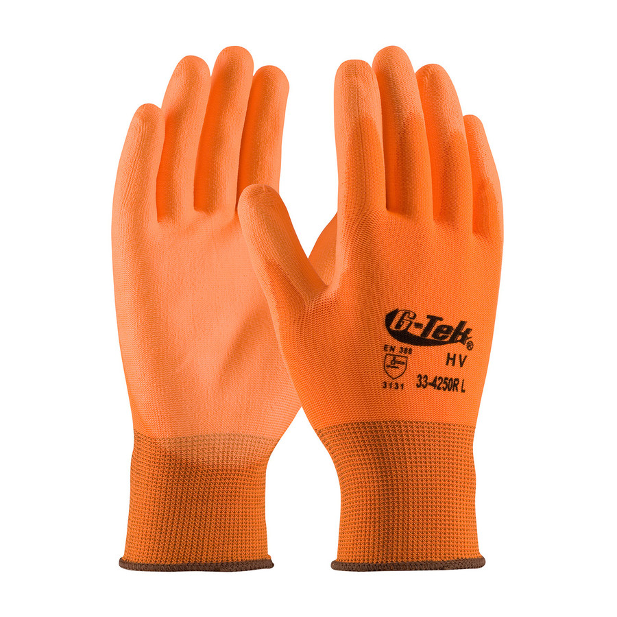 PIP 33-425OR G-TEK GP Hi-Vis Seamless Knit Polyester Glove With Polyurethane Coated Smooth Grip, Cut Resistant Glove, A1