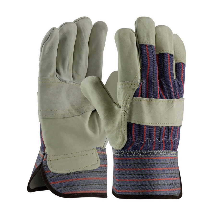 PIP 87-1563P Economy Grade Top Grain Cowhide Leather Reinforced Palm Glove with Fabric Back - Safety Cuff