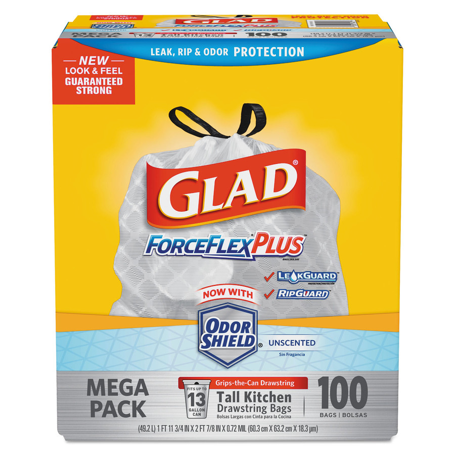 Glad CLO70427 ForceFlex Tall Kitchen Drawstring Bag, .72mil, 23 3/4 x 24 7/8, White 100/BX